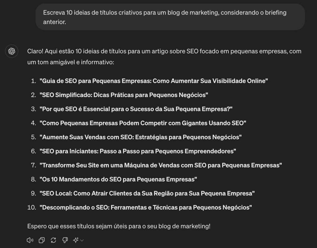 55 Ideias de títulos criativos e como criar títulos criativos em 2024 - Marketing ideias de titulos criativos na prática no chat GPT (prompt)